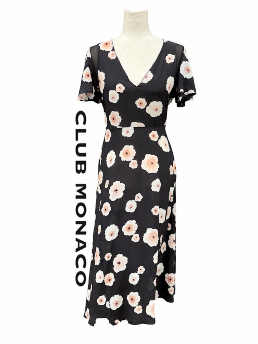 Club Monaco 100% Silk Black Midi Dress with Soft Pink Floral Print Semi Sheer 4